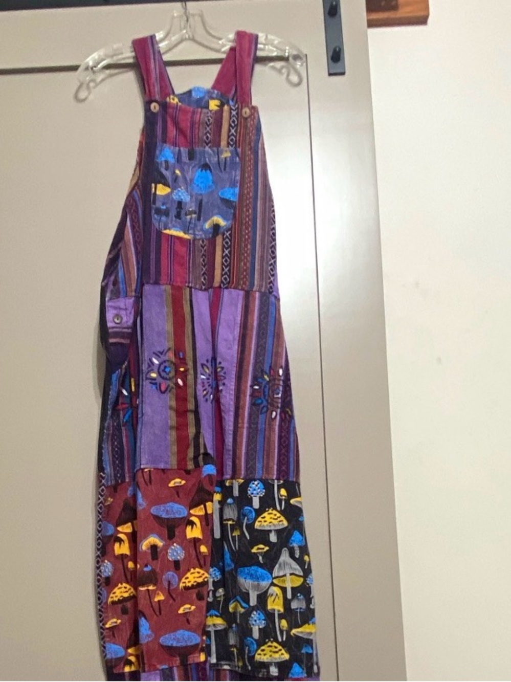 NWOT Rising International Mushroom Patchwork Overalls Boho Hippie Jumpsuit M